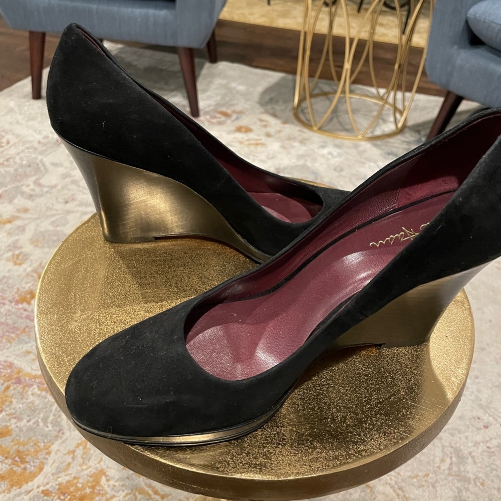 Black leather suede wedge heels by Cole Haan, size 10B